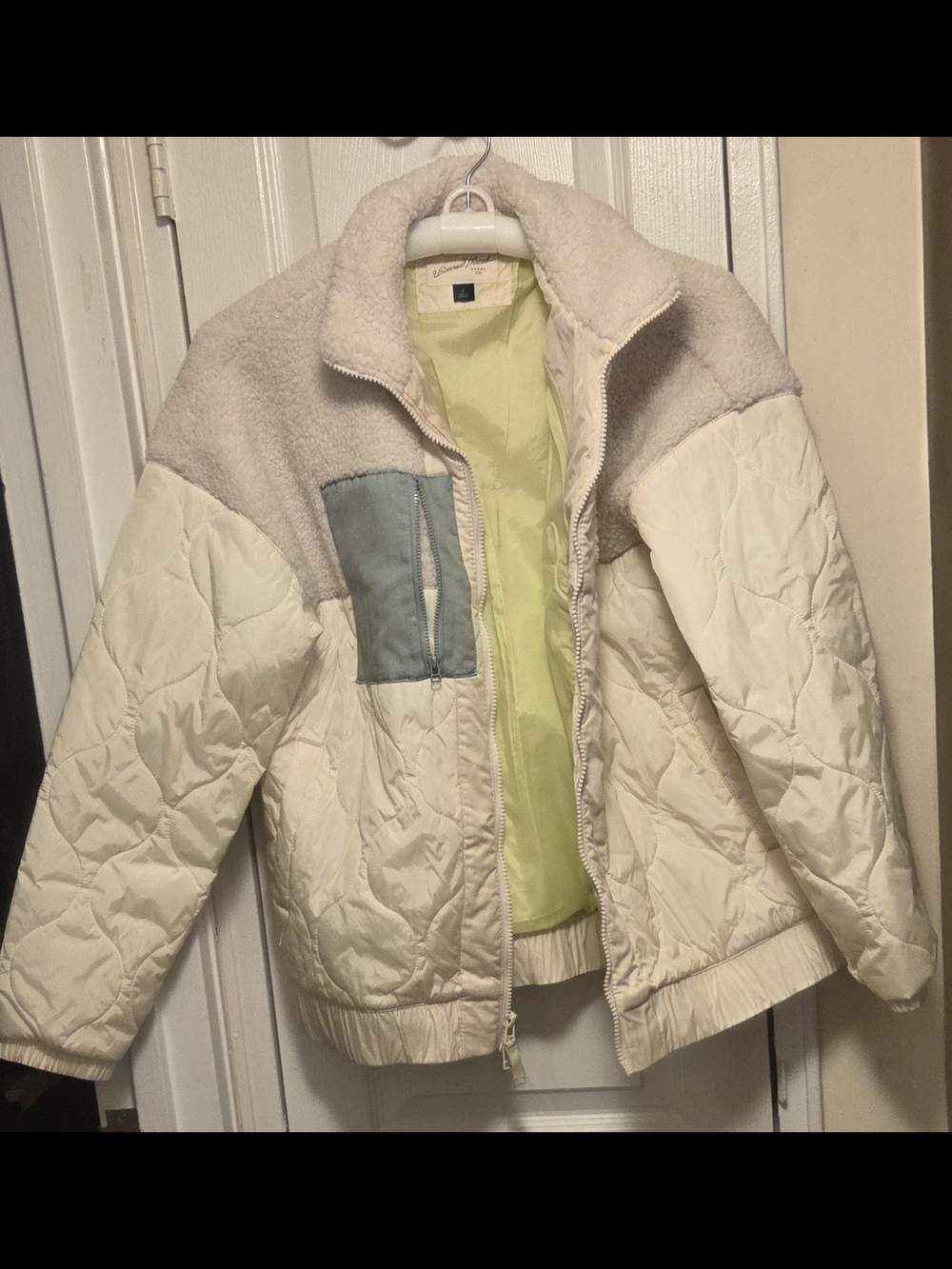 Universal Thread Cream Quilted Jacket with Sherpa Trim and Pale Green Lining